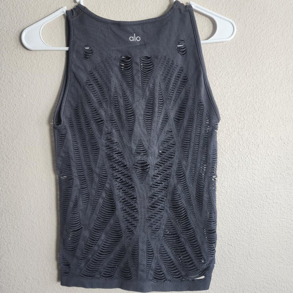 Alo Yoga Tank Top Womens Medium Black Laser Cut Slashed Open Knit Activewear - Picture 3 of 6